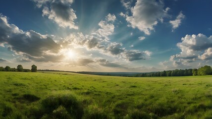 A panoramic view of a natural setting featuring a meadow of green grass and a blue sky filled with clouds, a brilliant sun, and the horizon. A beautiful day overlooking a summertime spring meadow..