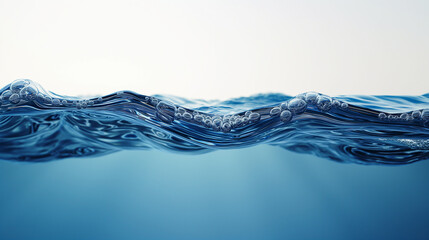 Blue water smooth line surface, side view ,See clearly through the opposite side ,no air bubbles inside ,on white background.