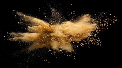 A vibrant explosion of gold powder erupts against a stark black background, creating a mesmerizing cloud of particles that dance and swirl in mid-air. golden yellow powder explosion on a black.