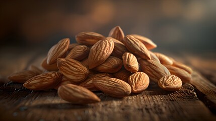 Pile of Raw Almonds on a Warm Rustic Wooden Background