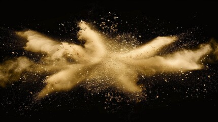 A vibrant explosion of gold powder erupts against a stark black background, creating a mesmerizing cloud of particles that dance and swirl in mid-air. golden yellow powder explosion on a black.