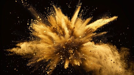 A vibrant explosion of gold powder erupts against a stark black background, creating a mesmerizing cloud of particles that dance and swirl in mid-air. golden yellow powder explosion on a black.