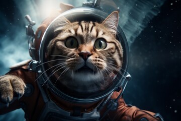 3d rendering of A tabby cat wearing an astronaut suit stares wide-eyed into space.  The cat's expression is both scared and excited.