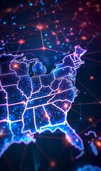 Wall Mural - Futuristic technology USA map with glowing lights, global communication and connection concept.