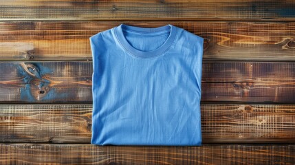 Wall Mural - Top view of blue T-Shirt on wooden background,man blue Top view of color T-Shirt on wooden plank background,Mock up t shirt casual for every lay out ,Blue t-shirt on wood background
