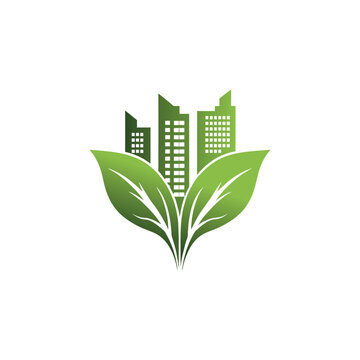 Sleek Green Building Logo with Leaf Element