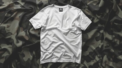 Wall Mural - White blank t-shirt on dark camouflage background, White t-shirt mockup, premium quality T-shirt mockup template ,Flat lay mockup ,3D Rendering,White folded t-shirt template on a craft paper
