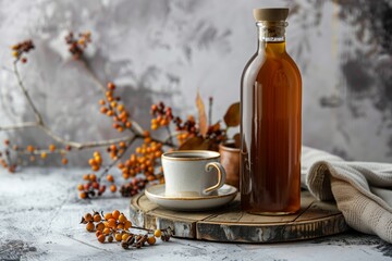 Wall Mural - sea ​​buckthorn syrup in a glass bottle and a cup of tea