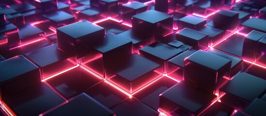 Wall Mural - 3d render, abstract blocks with pink neon light on a black background. generative ai image