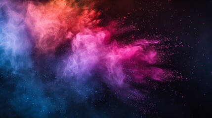 A vibrant explosion of colorful powder erupts against a stark black background, creating a mesmerizing cloud of particles that dance and swirl in mid-air. Colorful powder explosion on a black.