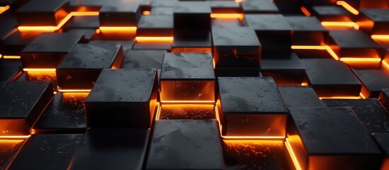 Wall Mural - 3d render, abstract blocks with orange neon light on a black background. generative ai image