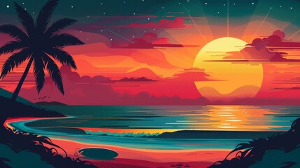 Poster - Tropical Sunset Beach with Palm Tree