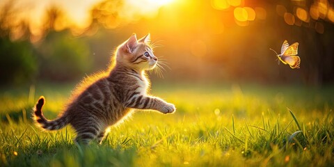 Playful kitten chasing butterfly in golden sunset light on lush grassy field , kitten, butterfly, sunset, light, grassy field, playful, chasing, golden, lush, nature, animals, outdoors