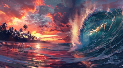 Wall Mural - Sunset Wave with Palm Trees