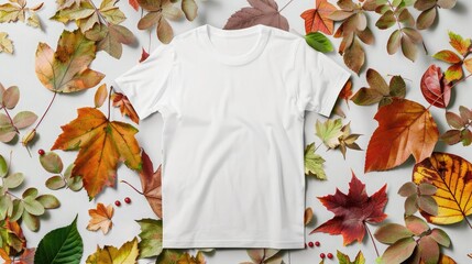 Wall Mural - White unisex cotton T-shirt mockup with snowberry, red and green fall leaves ,Design t shirt template, tee print presentation,Classic white t-shirt mock up on a colorful leaves background
