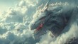 © Pukkaraphong - A giant white dragon emerges from the clouds, its fiery eyes fixed on a small airplane flying below.