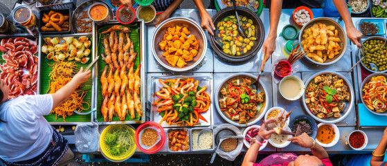 Wall Mural - A group of people are gathered around a table with a variety of food