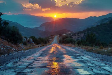 Sticker - Low level view of empty old paved road in mountain area at sunset