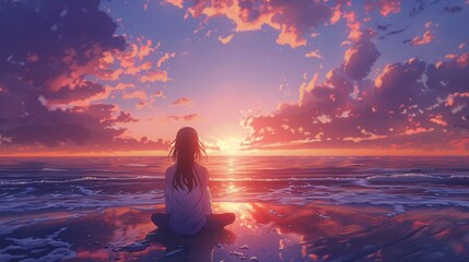 Wall Mural - A young woman in an anime-inspired outfit meditating on a quiet beach at sunset, the ocean waves gently lapping the shore and the sky painted in pastel hues