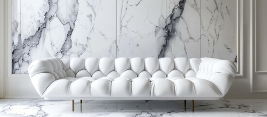 Elegant white sofa in a minimalist room with marble accents.