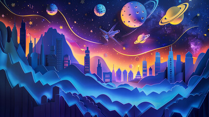 abstract skyline drawing of modern buildings skyscrapers against the background of space spaceship and planets