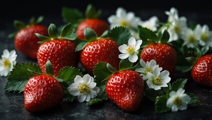 Sticker - Group of red strawberries on dark surface surrounded by green leaves and white flowers.