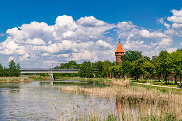 Poster - Beautiful summer Nogat river and a bridge in Malbork