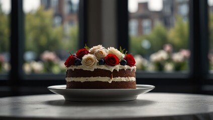 Sticker - A cake sits atop a white table in a room filled with numerous windows and blooming flowers.