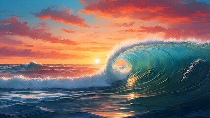 Wall Mural - As the sun descended, its vibrant rays danced upon the water's surface, transforming it into a canvas of shimmering colors, where the sky and sea embraced in a breathtaking union of light and liquid.