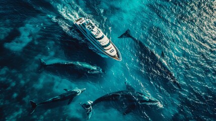 Poster - A boat is surrounded by a group of dolphins