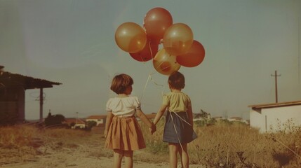 Sticker - Two young girls hold hands while holding balloons