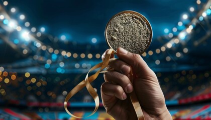 Hand holding winner gold metal with sport stadium background at Summer Olympics