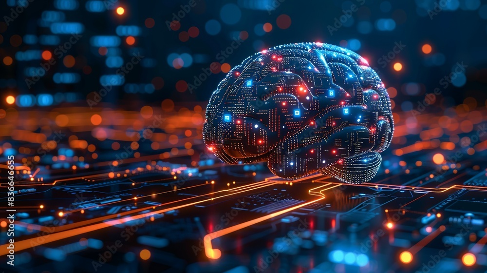 A digital brain with circuits and data streams flowing through it ...