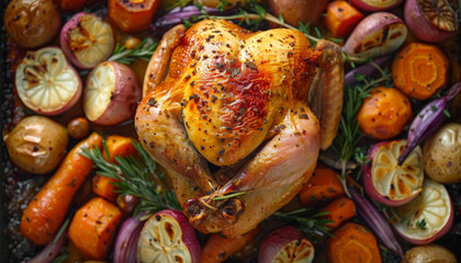 Wall Mural - A roasted chicken is surrounded by a variety of vegetables, including carrots
