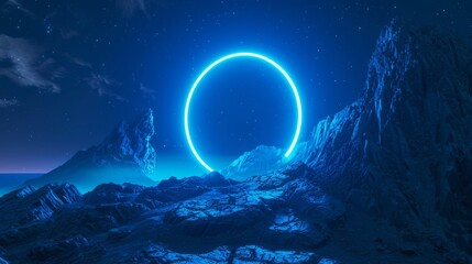 Wall Mural - 3d render. Abstract background. Blue neon ring glowing over the futuristic landscape. Rocky mountain under the night sky. Fantastic extraterrestrial scenery with electric round portal
