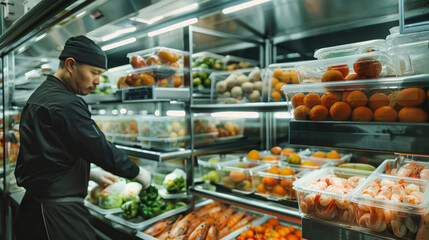 A skilled chef is meticulously preparing fresh ingredients inside a refrigerator in a hypermarket