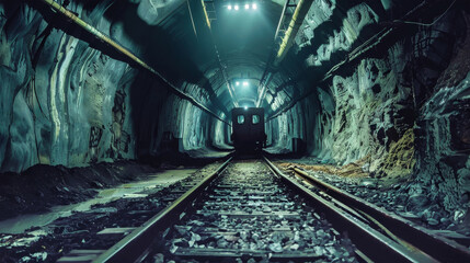 Wall Mural - A train track runs through a dimly lit mine tunnel, disappearing into the darkness ahead