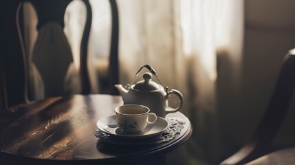 Poster - Close-up of a tea set on a patient's side table, foggy, deserted, soft focus, early morning light 