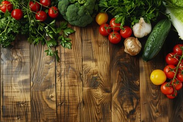 Wall Mural - wooden background with herbs and vegetables