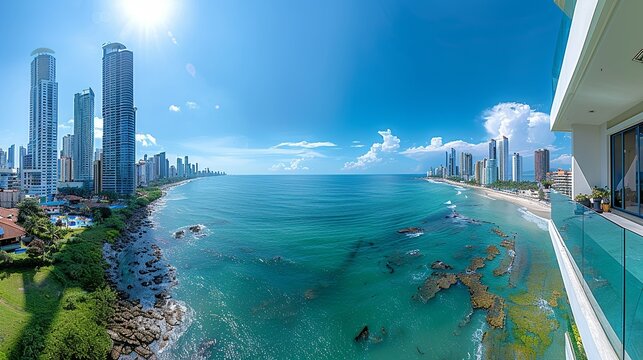 a panoramic view of a coastal city with the ocean on one side and a skyline of modern buildings on t