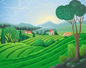 Wall Mural - A rural landscape background of rolling hills and mountains. Fields, farm land and trees with a cottage or farmers house.