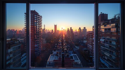 Wall Mural - A panoramic view of a city skyline at dawn with the first light of day illuminating the tallest buildings and casting long shadows. Minimal and Simple,