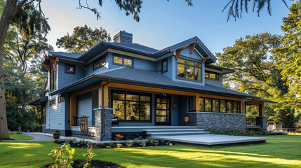 Elegant Craftsman Style New Construction Slate Blue House with Contemporary Minimalist Architecture in a Peaceful Riverside Park