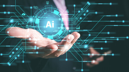 Wall Mural - ai technology, artificial intelligence. man using technology smart robot ai, artificial intelligence