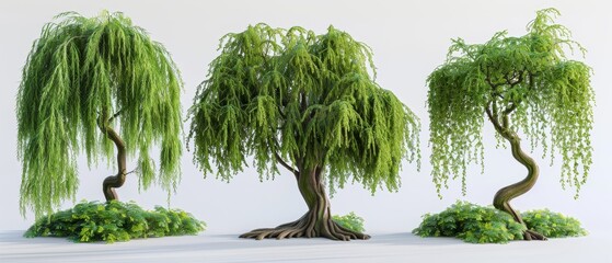 Three artistic green willow trees with unique shapes, isolated on a white background. Beautiful natural elements for design and decoration.