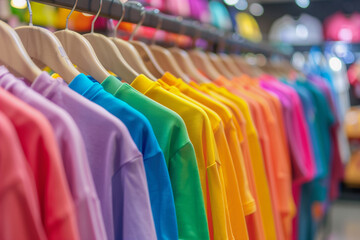 A rack of colorful shirts hanging on a clothesline. The shirts are of various colors and styles, and they are all neatly hung up. Concept of organization and order