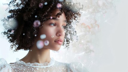 A surreal portrait of a beautiful teenage girl with curly hair, framed by whimsical, floating elements, against a pristine white background with generous copy space