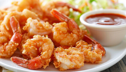 Wall Mural - A plate of fried shrimp with a dipping sauce