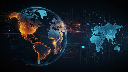 Digital World Map Hologram Blue Background
