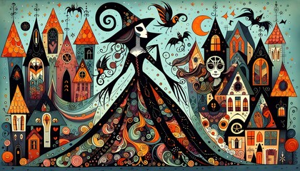 Wall Mural - Día de los muertos, Halloween, pintura facial, arte, arte gótico, bruja, mujer, calabaza, cuervo, murciélago, embrujo, pócima, hada, calavera, ilustración, cuento, storybook, retrato, cara, muñeca